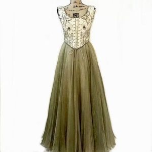 EAVIS & BROWN London Beaded Gown M Vintage Silk Corset Dress VTG